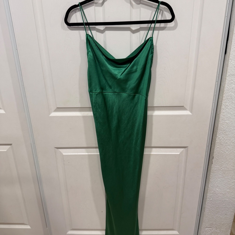 Lioness Emerald Green Satin Cowl Neck Maxi Dress Small Side Slit Spaghetti Strap